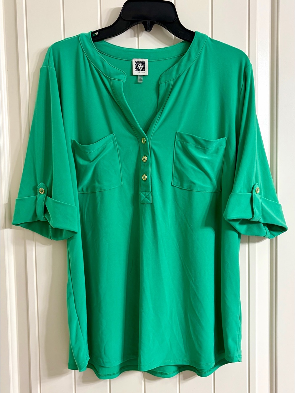 Anne Klein Emerald Green Henley with Patch Pockets